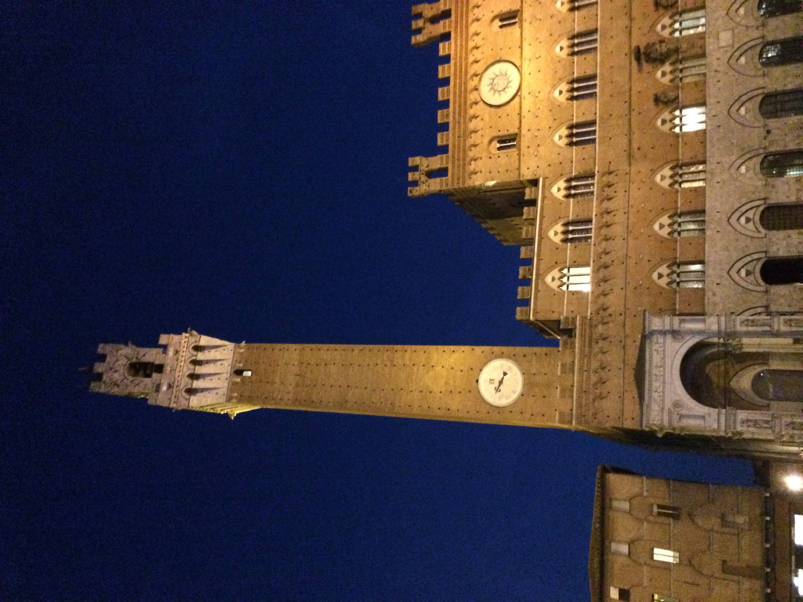 Piazza del Campo and the Torre del Mangia at night.