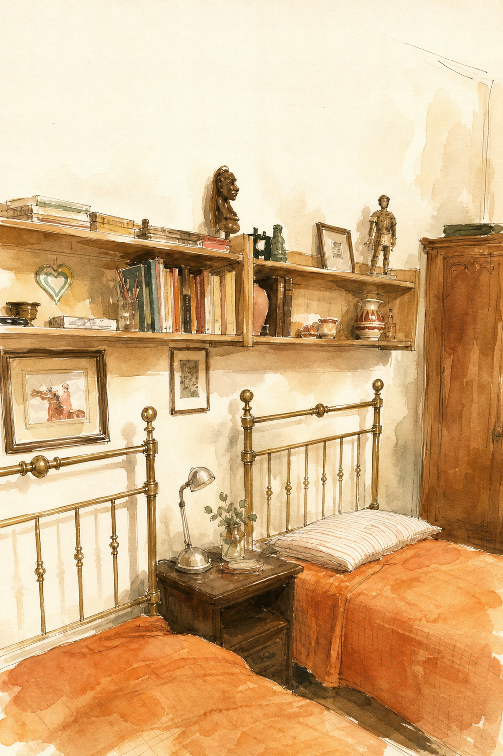 A restrained watercolor illustration of a warm Siena bedroom with twin beds, brass headboards, and wooden shelves.