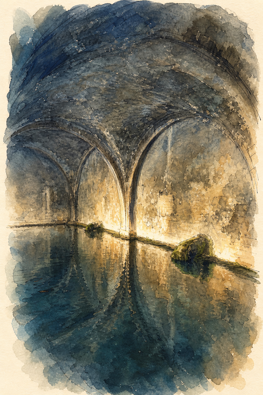 A restrained watercolor illustration of Fontebranda's vaulted stone arches reflected in a deep blue-green water basin.