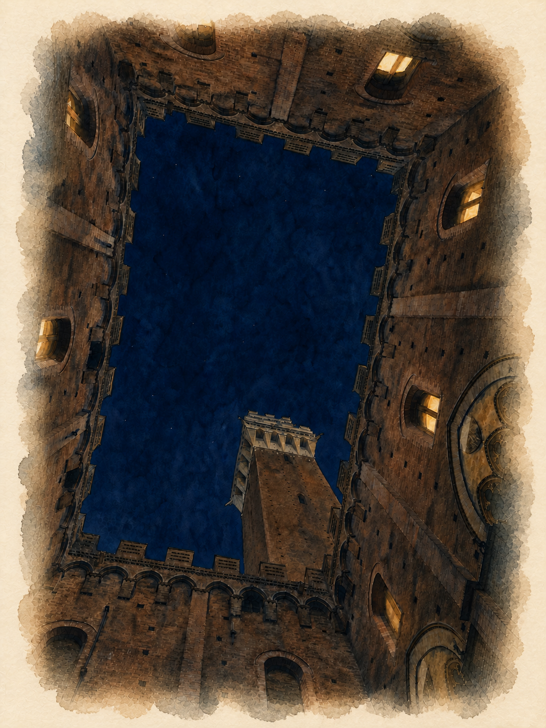A restrained nighttime watercolor illustration of La Torre del Mangia rising over Siena with warm lamplight below.